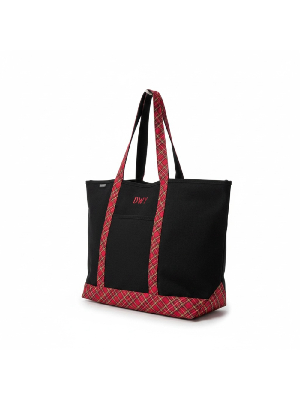 Lands End Large Canvas Tote Bag Black Red Plaid Monogram Preppy 100% Cotton USA